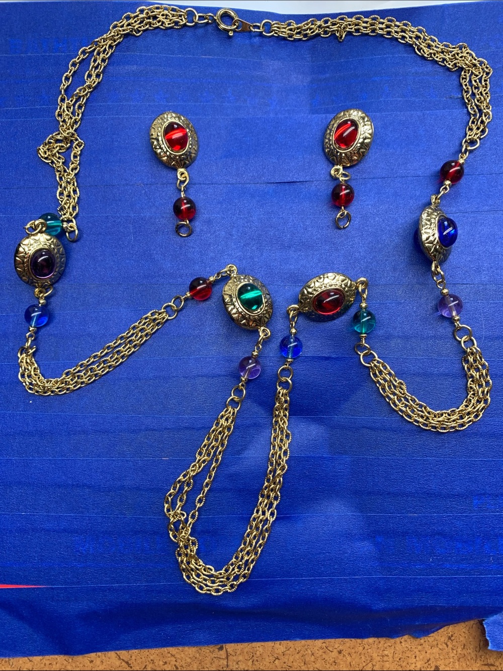 Gold-Tone Multicolor Cabochon Necklace and Earring Set